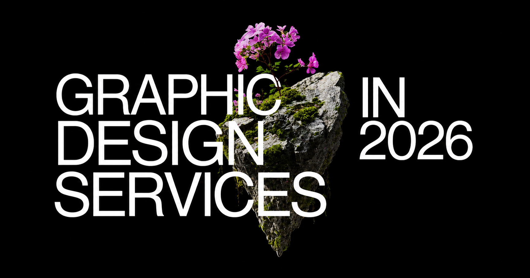 Minimalist black poster featuring a floating moss-covered rock with pink flowers and bold white text reading "Graphic Design Services in 2026."