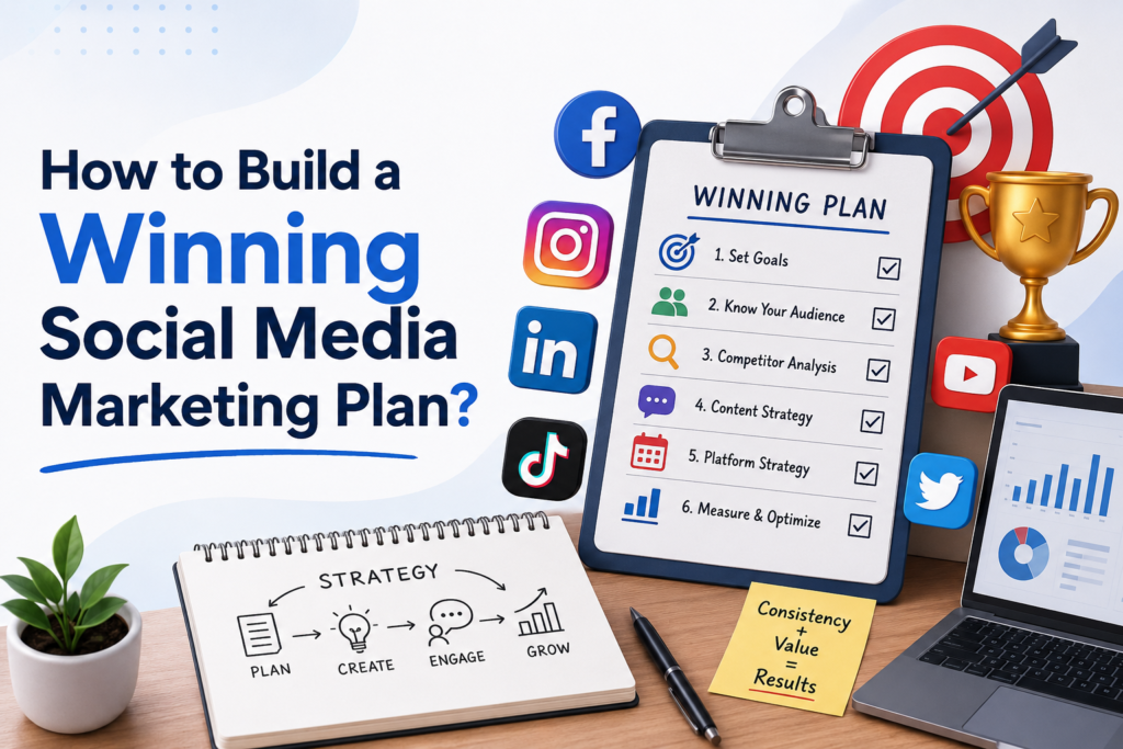 How to Build a Winning Social Media Marketing Plan? infographic featuring social media icons, a strategic planning checklist, analytics dashboard, target board, and marketing growth elements in a modern blue-themed business workspace.