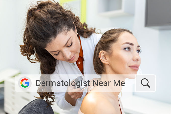 Dermatologist examining a female patient's skin during a consultation with a "Dermatologist Near Me" search bar overlay.