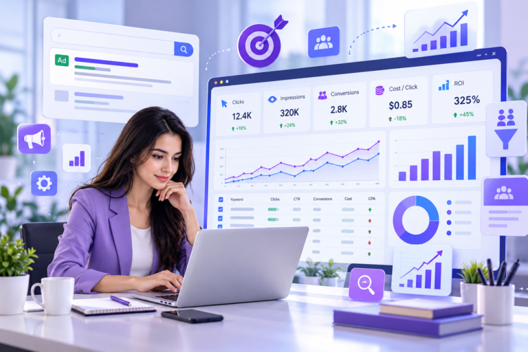 PPC Strategy campaign optimization dashboard showing keywords, conversion rate, CPC, CPA, and ROI