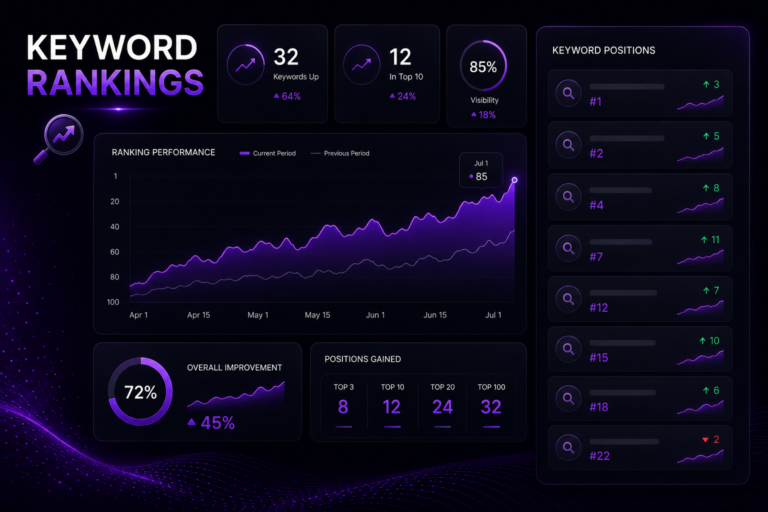SEO keyword rankings dashboard showing search position improvements