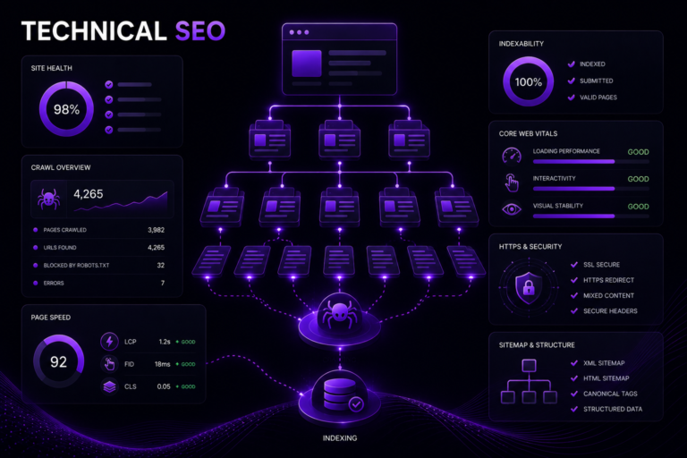 technical SEO visualization showing website crawling indexing and performance