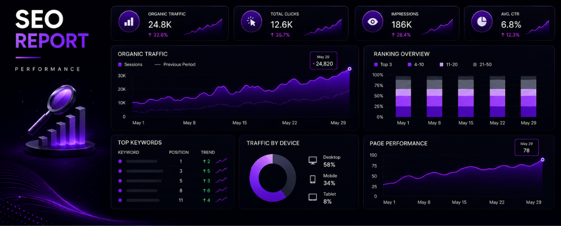 what to put in SEO report explained with SEO performance analytics