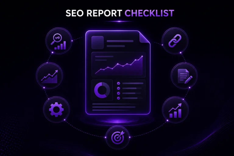 What to put in SEO report checklist with website analytics, search growth, backlinks and ranking data